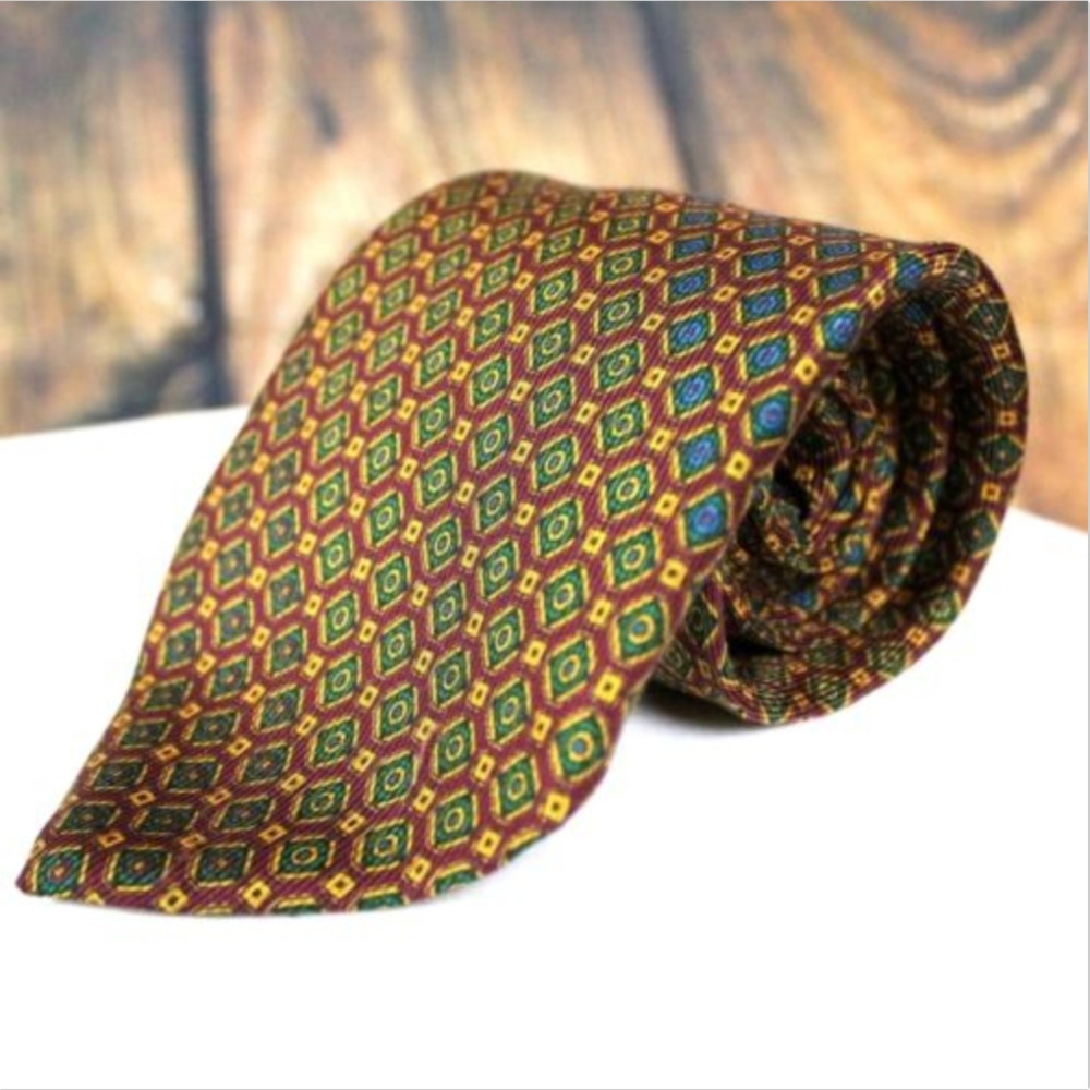 BRIONI Silk Neck Tie Geometric Maroon Green Blue